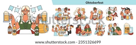 Oktoberfest festival set. Cheerful Bavarian pub worker in a national costume. Tourists holding a full glass of beer with foam, sausage and pretzel. Beer carnival in Germany. Flat vector illustration