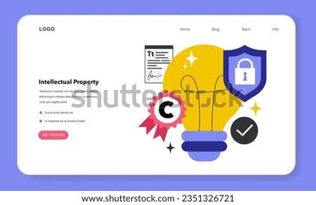 Intellectual property web banner or landing page. Intangible creations of the human intellect, patented invention or art. Patents, copyrights, trademarks, and trade secrets. Flat vector illustration