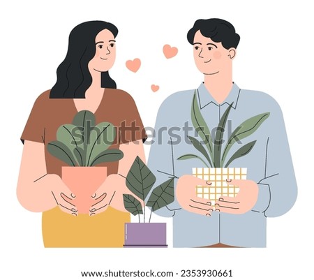 Moden family idea. Young childless couple carry potted plant. Happy man and woman holding houseplant. Wife and husband taking care of flowers. Flat vector illustration