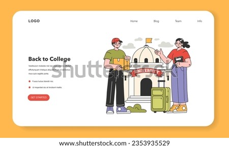 College friends web banner or landing page. University fellow students or classmates standing in front of uni building. Higher academic education. Campus friends community. Flat vector illustration