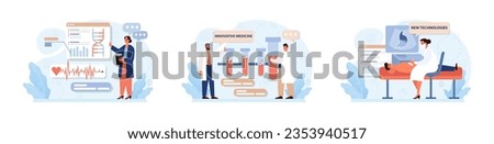 Healthtech set. Innovative diagnosis and treatment methodics. Telemedicine, health monitoring, laboratory research. Modern technologies for disease prevention and treatment. Flat vector illustration