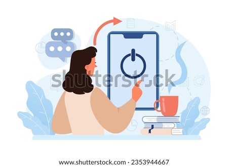 Modern wellbeing practice. Digital detox. Character taking a break from digital device. Disconnected or turned off laptop. Breaking the internet and social media addiction. Flat vector illustration