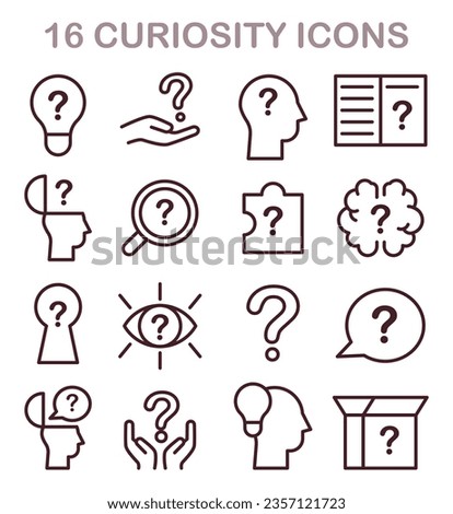 Curiosity icons set. Simple images for inquisitiveness and openness to new ideas and concepts. Psychological quality or soft skill symbol, willingness to discover and study. Flat vector illustration