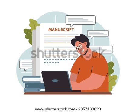Writing a manuscript. Author writing a book. Creative process. Thoughts and memories reflection, journaling or diary keeping. Writing communication. Flat vector illustration