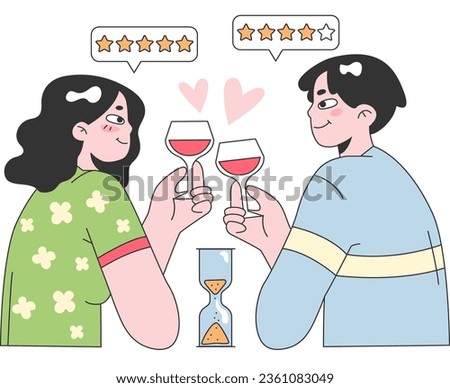 Blind speed dating. Cute romantic couple meeting in a restaurant. First impression between woman and man. Relationship search with timer. Flat vector illustration