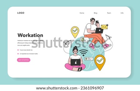 Workcation web banner or landing page. Chatacter working away from the office. Digital nomad or freelancer working remotely and globaly. Flexible schedule, work tourism. Flat vector illustration