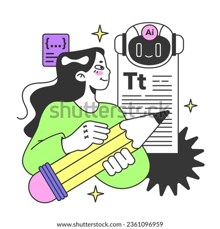 Young female prompt-engineer writing a prompt to a artificial neuron network. Artificial intelligence development. Character using AI to create a text or an image. Flat vector illustration