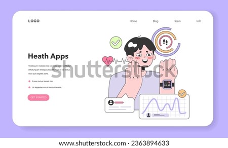 Health tracker smart watch web banner or landing page. Character using electronic gadget to monitor body activity. Heartbeat, temperature control and pedometer. Flat vector illustration