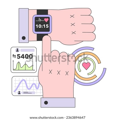 Health tracker smart watch. Character using electronic gadget to monitor body activity. Heartbeat, temperature control and pedometer. Flat vector illustration