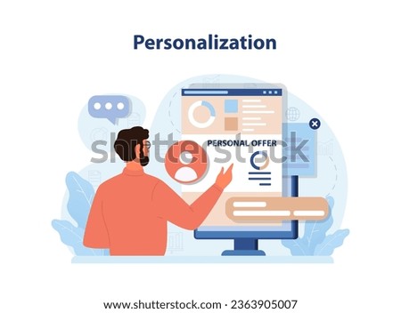 Personalization. Customization of client experience software. Social media interactions, content and offers engine. Digital marketing development, strategy building. Flat vector illustration