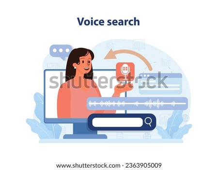 Voice search. Artificial intelligence virtual assistant. Character speaking on microphone with browser request. Online communication with artificial intelligence. Flat vector illustration