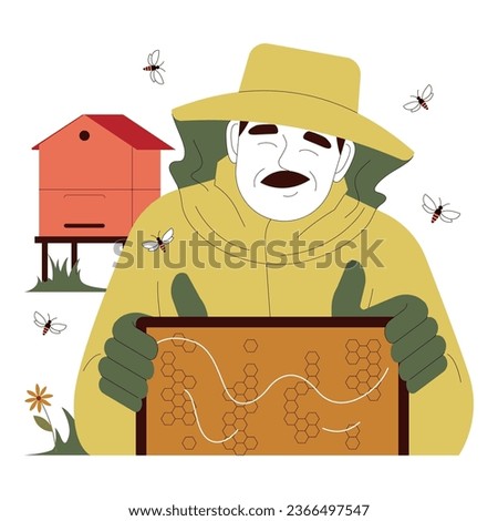 Beekeeping. Senior man in a suit harvesting honey. Old man farmer beekeeper at apiary holding honeycombs. Apiarist at farm with beehives. Apiculture worker. Flat vector illustration