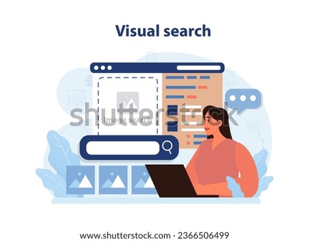 Visual search engine. Ai, self-learning computing system processing data for image recognition. Modern deep machine learning technology. Flat vector illustration