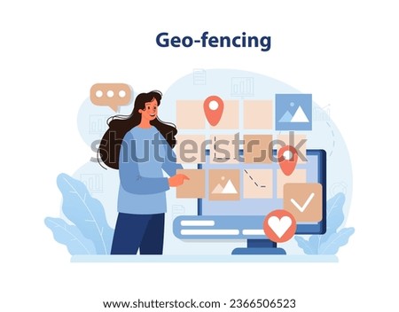 Geofencing. Local SEO optimization. Local search results. Browser promotion based on territory. Geolocation pin, location point. Global communication, content and feedback. Flat vector illustration