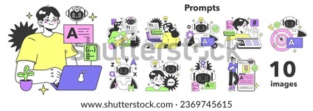 Prompt-engineers writing a command to a artificial neuron network set. Artificial intelligence development. Character using AI to create a text or an image. Flat vector illustration