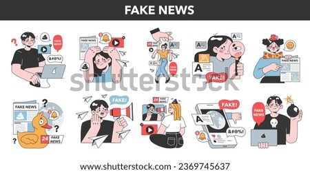 Fake news set. Manipulation and control over people mind. Media influencing and manipulating character. Propaganda, hoaxes and internet fakes. Flat vector illustration