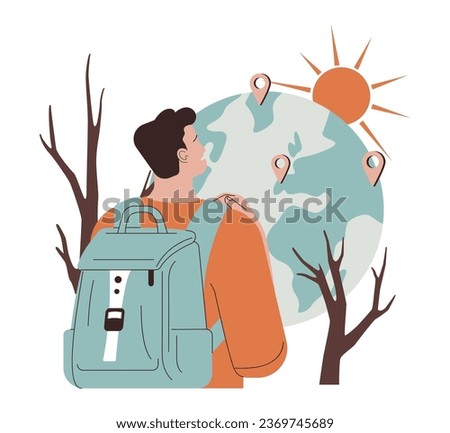 Climate migration. People migrating due to climate change, drought and extreme temperature in their region. Man with a backpack moving to different country. Flat vector illustration