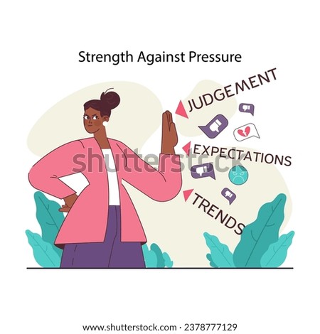 Peer pressure concept. Confident black woman warding off judgments, expectations, and trends, embodying resilience amidst societal pressures and supporting individuality. Flat vector illustration