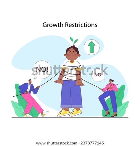 Overprotective parenting. Constrained child with growth aspirations, stopped by parents holding him back. Anxious mother and father, worried about their son. Flat vector illustration