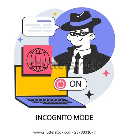 Incognito mode. Private access to browser. Anonymous search on laptop. Online privacy and personal data protection. Confidential information. Flat vector illustration