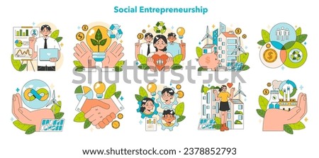 Social entrepreneurship set. Business' responsibility for impact on society and environment. Financing and implementing solutions for Sustainable development. Flat vector illustration