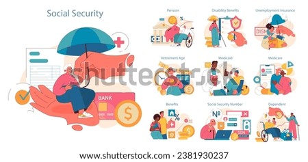 Social Security set. Dive deep into the world of social benefits with diverse individuals navigating pensions, disability perks, and medical aids. Protective hands ensure security . Flat vector.