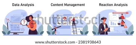 Content creation set. Social media marketing and digital promotion campaign. Content marketing, data visualization and optimization. Creative process. Flat vector illustration