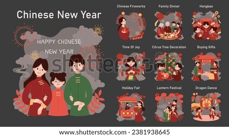 Chinese New Year tradition dark or night mode set. Cheerful asian family leisure on festive day. Celebrate national asian festivity with fireworks, lantern and dragon dance. Flat vector illustration