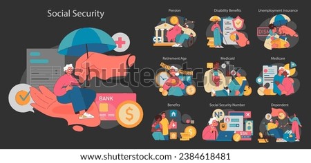 Social Security set. Dive deep into the world of social benefits with diverse individuals navigating pensions, disability perks, and medical aids. Protective hands ensure security . Flat vector.