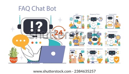 Chat Bot Universe set. Dive into AI-driven support: NLP engines, and personalization. Engage with omni-channel integration and secure chats. Flat vector illustration