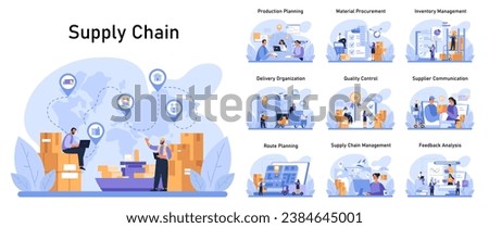 Supply Chain set. Comprehensive stages of logistics from production to feedback analysis. Optimized material flow, effective delivery and quality assurance. Flat vector illustration