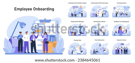 Employee Onboarding set. New hires journey from orientation to corporate culture. Conducting a session, training seminars, mentor guidance, and feedback. Flat vector illustration.