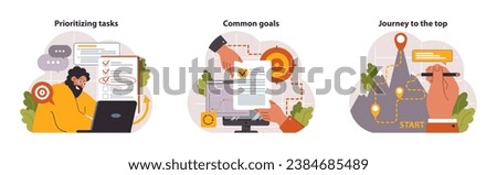 Productivity set. Efficient task management, collaboration on objectives, and plotting success routes. Organized work, team alignment, achieving milestones. Flat vector illustration