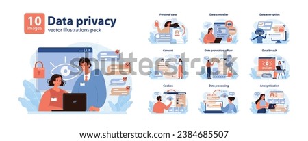 Data privacy set. Modern safeguards in digital landscape. Personal data management, encryption techniques, and security measures. Navigating online threats. Data protection essentials. Flat vector