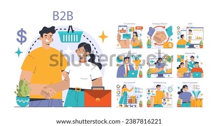 B2B Commerce set. Professionals engaging in online shopping, strategic alliances, CRM, and lead generation. Value proposition, stakeholder interactions. Flat vector illustration