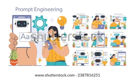 Prompt-engineers writing a command to a artificial neuron network set. Artificial intelligence development. Character using AI to create a text or an image. Flat vector illustration