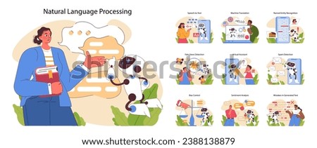 Natural language processing concept. Interactions between humans and AI across various applications. Educational and technological advancements. Artificial intelligence. Flat vector illustration