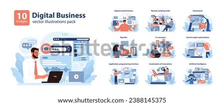 Digital Business set. Modern corporate scenarios from automation to AI. Tech-driven workflow efficiency, online commerce growth. Flat vector illustration.