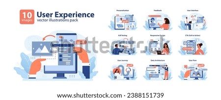 User Experience set. Web interface design, customer feedback, responsive layouts. A B tests, user journeys, CTA elements. Modern digital interactions. Flat vector illustration