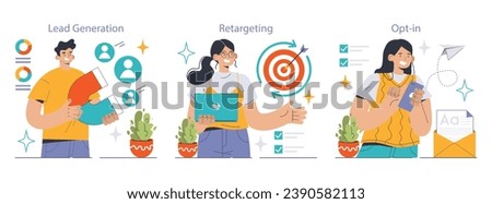 Conversion rate optimization set. Professionals harnessing tools for digital growth. Lead generation with magnet, precise retargeting strategy, user opt-in via smartphone. Flat vector illustration