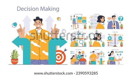 Decision-making set. Strategic thinking, brainstorming and solution research. Multiple options dilemma. Pros and cons , risk and benefits analysis. Flat vector illustration