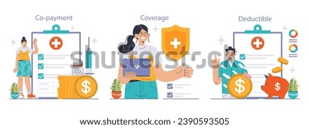 Healthcare insurance explained through engaging visuals of co-payment, coverage, and deductible themes, featuring characters interacting with financial elements. Flat vector illustration