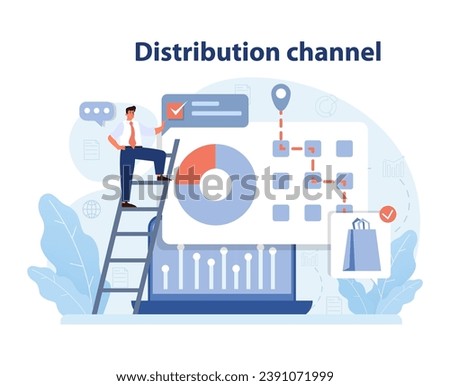 Market penetration concept. Businessman optimizing distribution channels on interactive dashboard. Strengthening supply chains. Expanding reach. Seamless integration. Flat vector illustration.