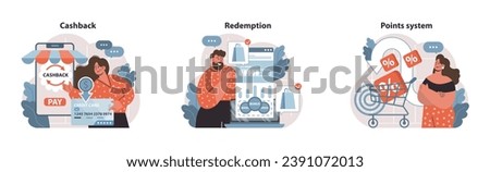 Loyalty program set. Customers engage with cashback offers, redeeming bonuses, and collecting shopping points. Mobile payments, online shopping rewards. Savings and discounts. Flat vector illustration