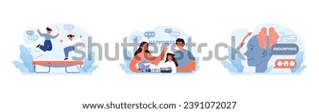 Happiness set. Joyful duo bouncing on trampoline, family sharing sweet moments, brain releasing feel-good endorphins. Shared joy, quality family time, brain science. Flat vector illustration.