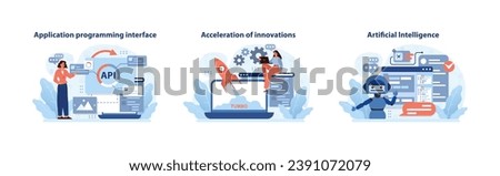 Digital Business advances. Integrating APIs, propelling innovation, and leveraging AI. Pioneering the tech frontier for business solutions. Flat vector illustration.
