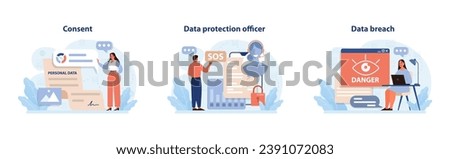Data Privacy set. Essential aspects of online security. Woman gives consent for personal data, man sends SOS for help, expert monitors data breach. Threats and safety in the digital world.