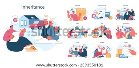 Inheritance set. Estate planning, tax considerations, and executor duties. Testament administration, property transferring paper. Flat vector illustration.