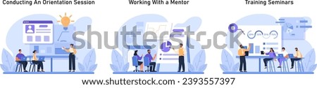 Professional Development set. Employees engaging in various learning activities. Orientation session, mentor guidance, and data-driven seminars. Flat vector illustration.