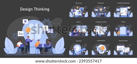 Design Thinking dark or night mode set. Innovative solution finding from user surveys to results analysis. Collaborative brainstorming, ideation, and testing processes. Flat vector illustration